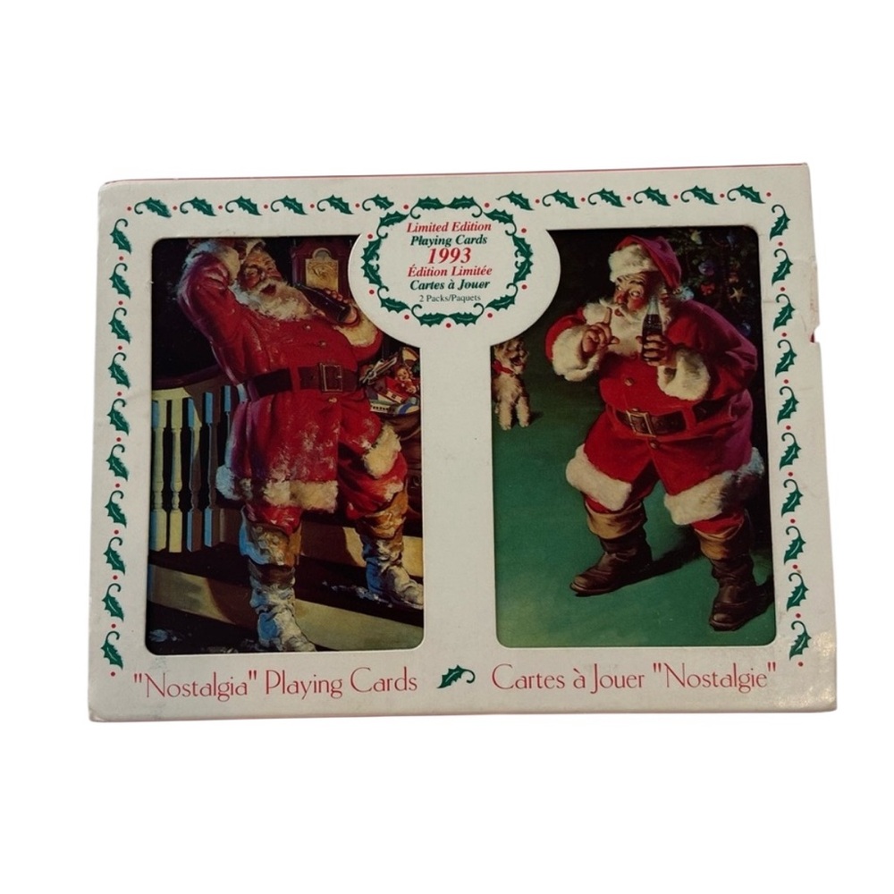 New Vintage 1993 Coca-Cola Santa Nostalgia playing cards in original metal box